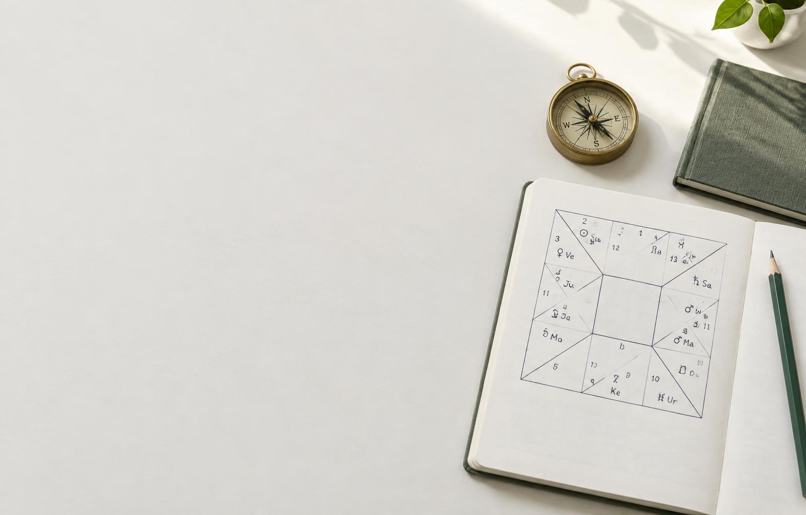 A birth chart in an open notebook with a brass compass